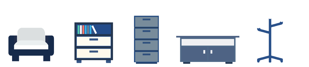 furniture illustrations including a couch, shelves, and desk